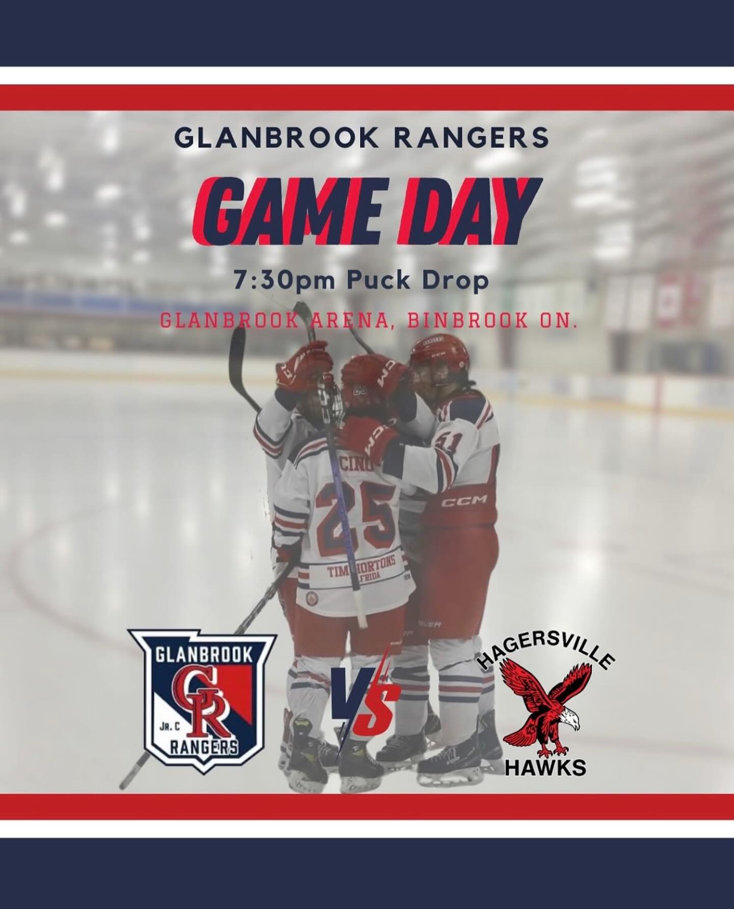 IT’S GAME DAY! 🏒

First game of 2026. New year, same mission.
 Make it your New Year’s resolution to pack the rink and cheer on the boys as the Glanbrook Rangers take on the Hawks tonight at 7:30 PM at home.

Bring the whole family. There’s a 50/50 raffle, Chuck-a-Puck, fun for the kids, and big energy in the stands.
 Start the year right. Be loud. Be proud. Be there. 

GOOO RANGERS!!!🔴🔵⚪️