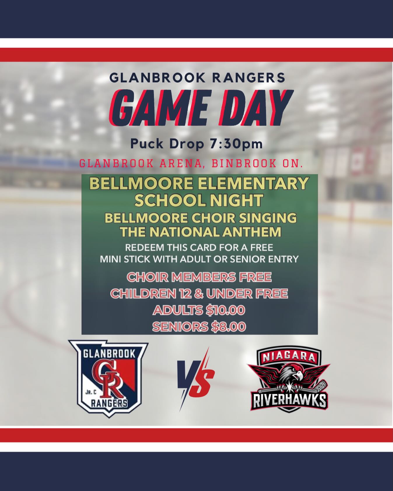 IT’S GAME DAY!!!! Only a few hours left until the first face off between the Rangers and the Riverhawks. Don’t forget, it’s Bellmoore Night! Any Bellmoore students get free entry alongside a paying guardian. Also, show them the flyer to receive a free mini stick!! We have lots of fun activities such as chuck-a-puck so don’t miss out!! GOOO RANGERS!!!
