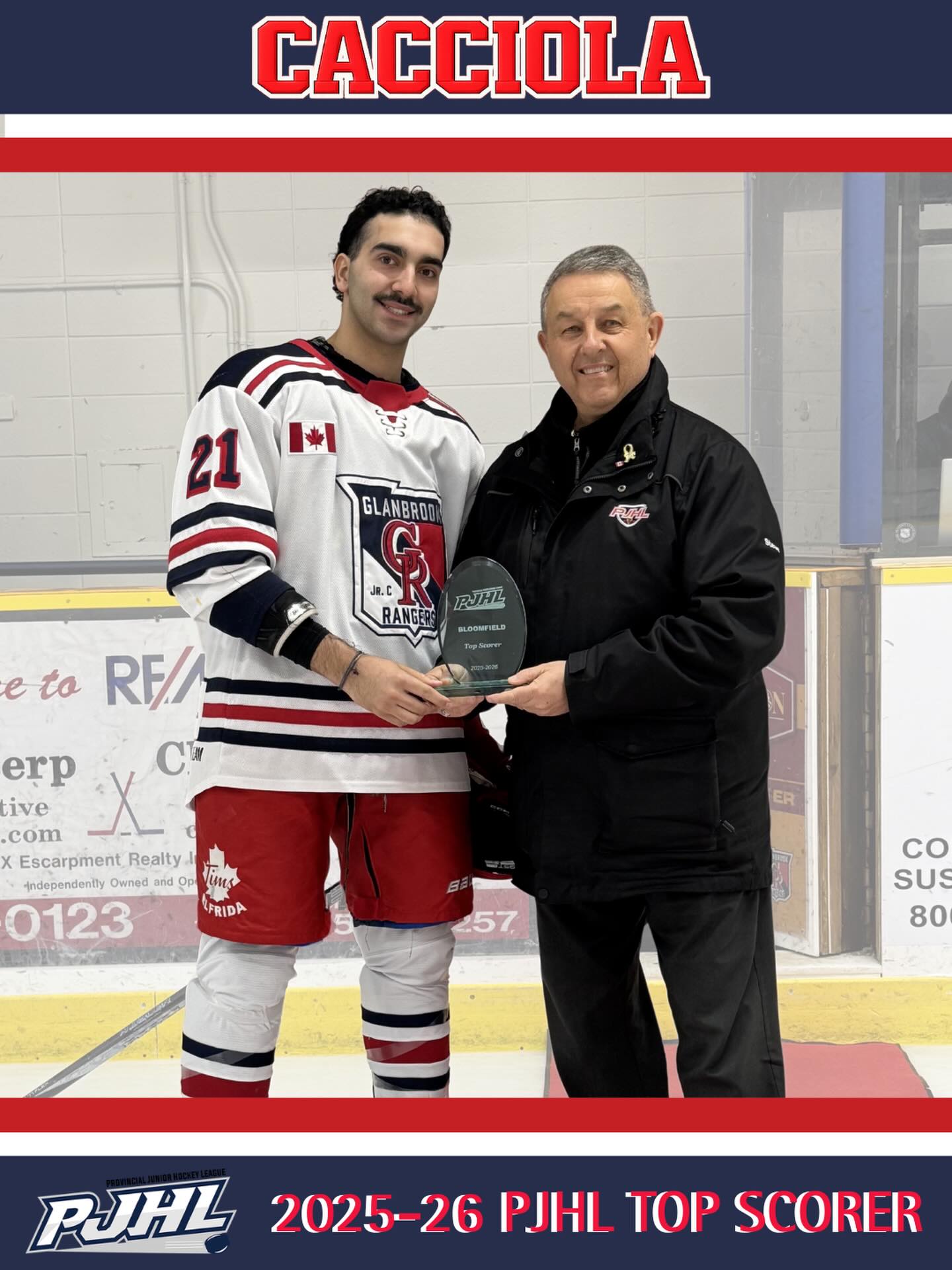 Historic season. Historic player.

Joshua Cacciola rewrote the record books for the Glanbrook Rangers in the 2025/26 season —

Franchise single-season points record

Bloomfield Division points leader

Tied for most points in the PJHL

League leader in assists 

February Bloomfield Division Player of the Month

Some seasons stand out. This one makes history. #rangershockey