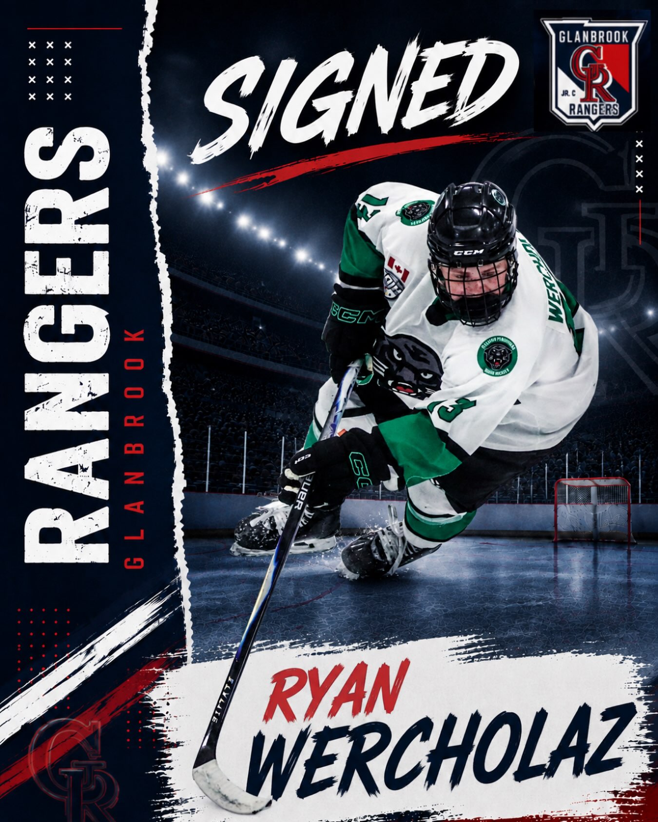 The Glanbrook Rangers are excited to announce the signing of hometown player Ryan Wercholaz, who joins the Rangers after gaining valuable Junior B experience with the Pelham Panthers of the GOHL.

Ryan brings experience, grit, and a relentless work ethic to the Rangers lineup. He is a hard-working player who competes every time he steps on the ice and is willing to play in a variety of situations. His gritty and physical style of play, combined with his compete level and determination, makes him a difficult player to play against.

Having already gained experience at the Junior B level, Ryan understands the pace, physicality, and commitment required to compete at the junior level. His willingness to work, battle, and contribute wherever he is needed will make him a valuable addition to our group.

We are especially proud to welcome a hometown player to Glanbrook and give Ryan the opportunity to represent his community while continuing his junior hockey career.

We are excited to see Ryan in Rangers colours this season.

Welcome to the Rangers family, Ryan!