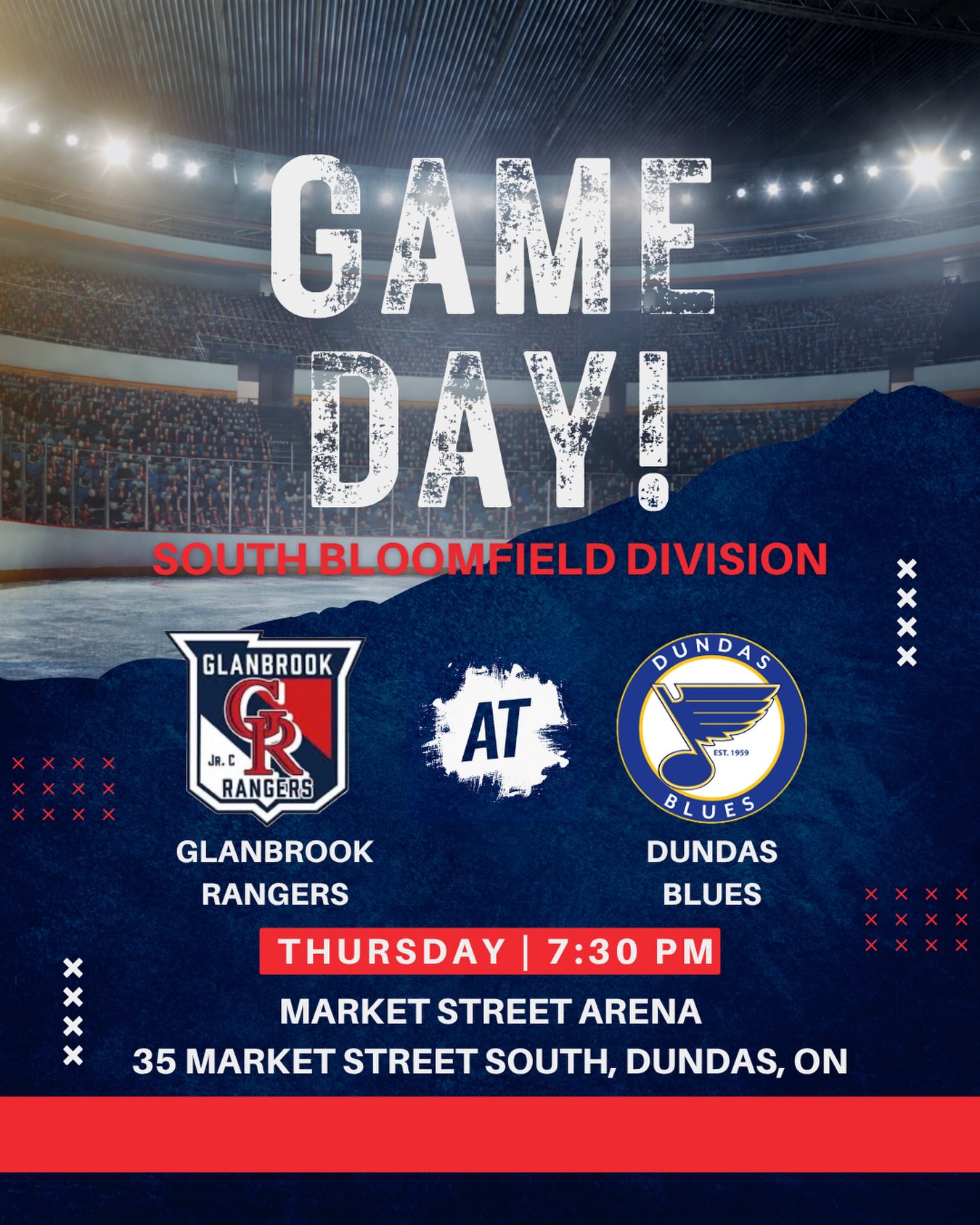 Quick turnaround for the Rangers as we’re back in action TONIGHT in Dundas! 🔥

The Glanbrook Rangers hit the road to take on the Dundas Blues in South Bloomfield Division action.

📍 Market Street Arena
⏰ 7:30 PM puck drop
🆚 Dundas Blues

Let’s get to work, Glanny. 🔴🔵