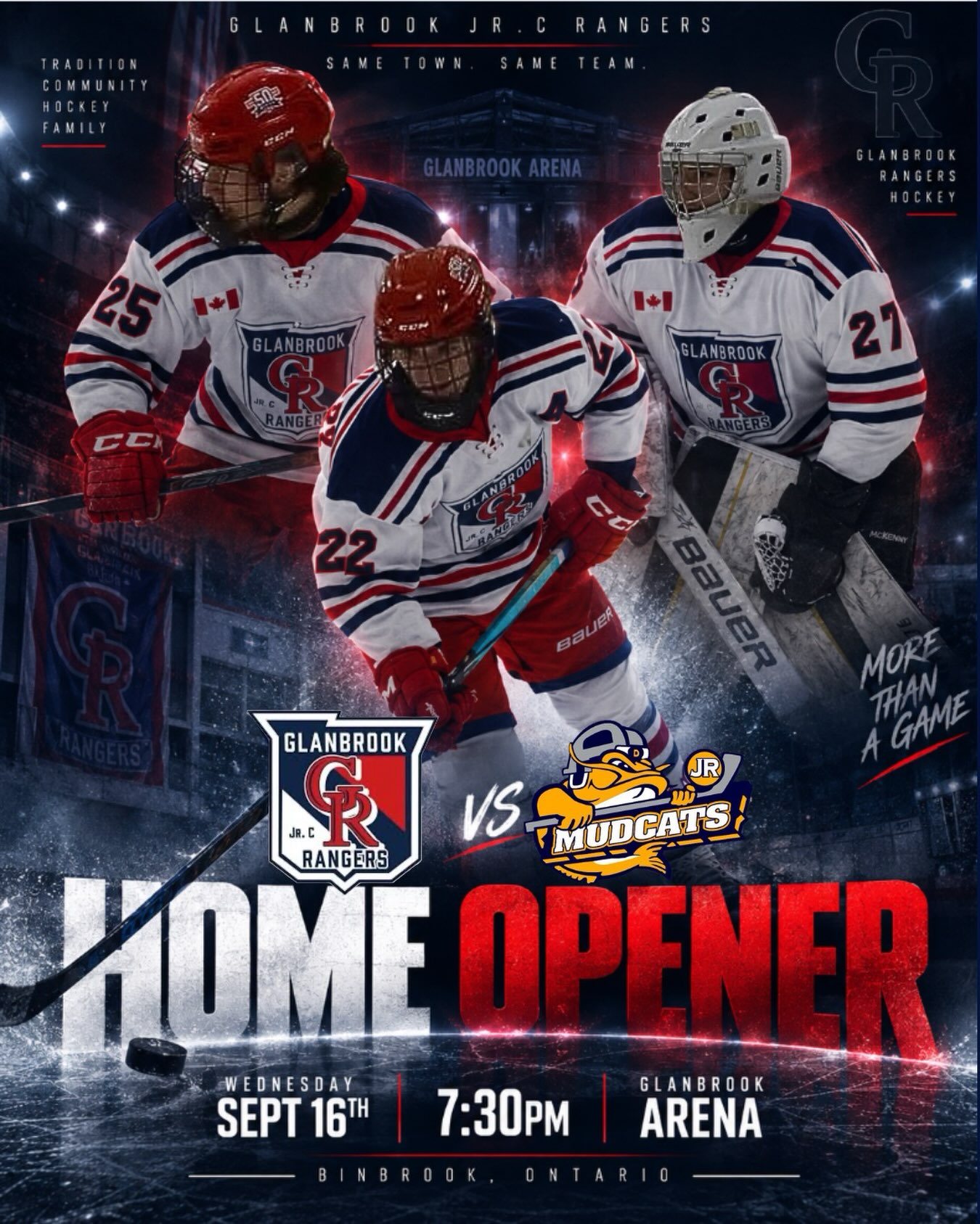 HOME ICE. HOME CROWD. LET’S GET LOUD.

The Rangers are coming home.
Wednesday night, we hit the ice at Glanbrook Arena for our 2026-27 HOME OPENER against the Dunnville Mudcats.

The boys are ready. Now we need Ranger Nation to PACK THE RINK and bring the energy.

Wednesday, Sept. 16 | 7:30 PM | Glanbrook Arena

Same town. Same team. Let’s start this season at home the right way.