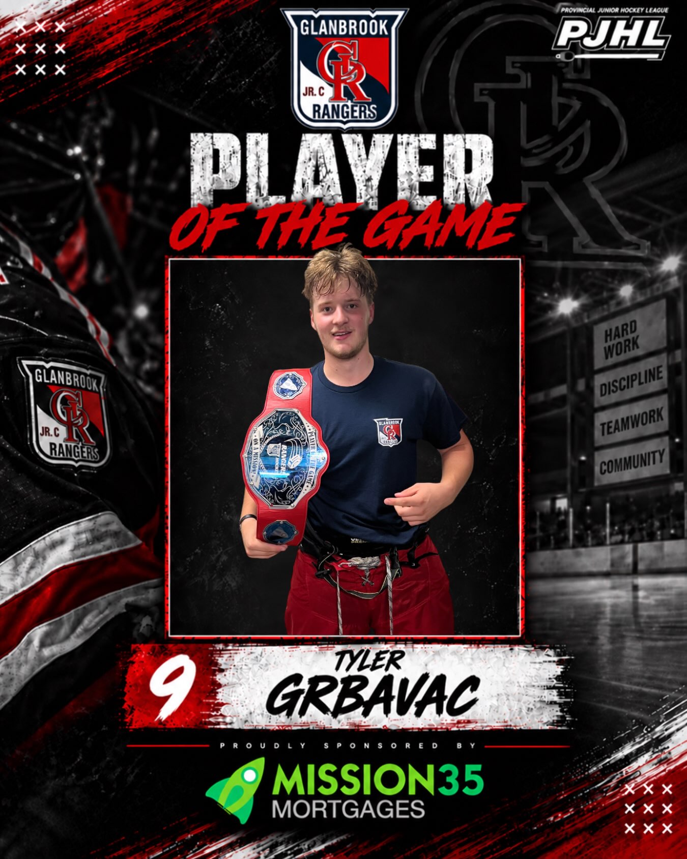 PLAYER OF THE GAME

#9 TYLER GRBAVAC 

Overtime called and Grbavac answered.

After burying the OT winner to secure a 4–3 victory over the Grimsby Peach Kings, Tyler Grbavac earns Player of the Game honours! 

Clutch when it mattered most. 

Player of the Game proudly sponsored by Mission 35 Mortgages.