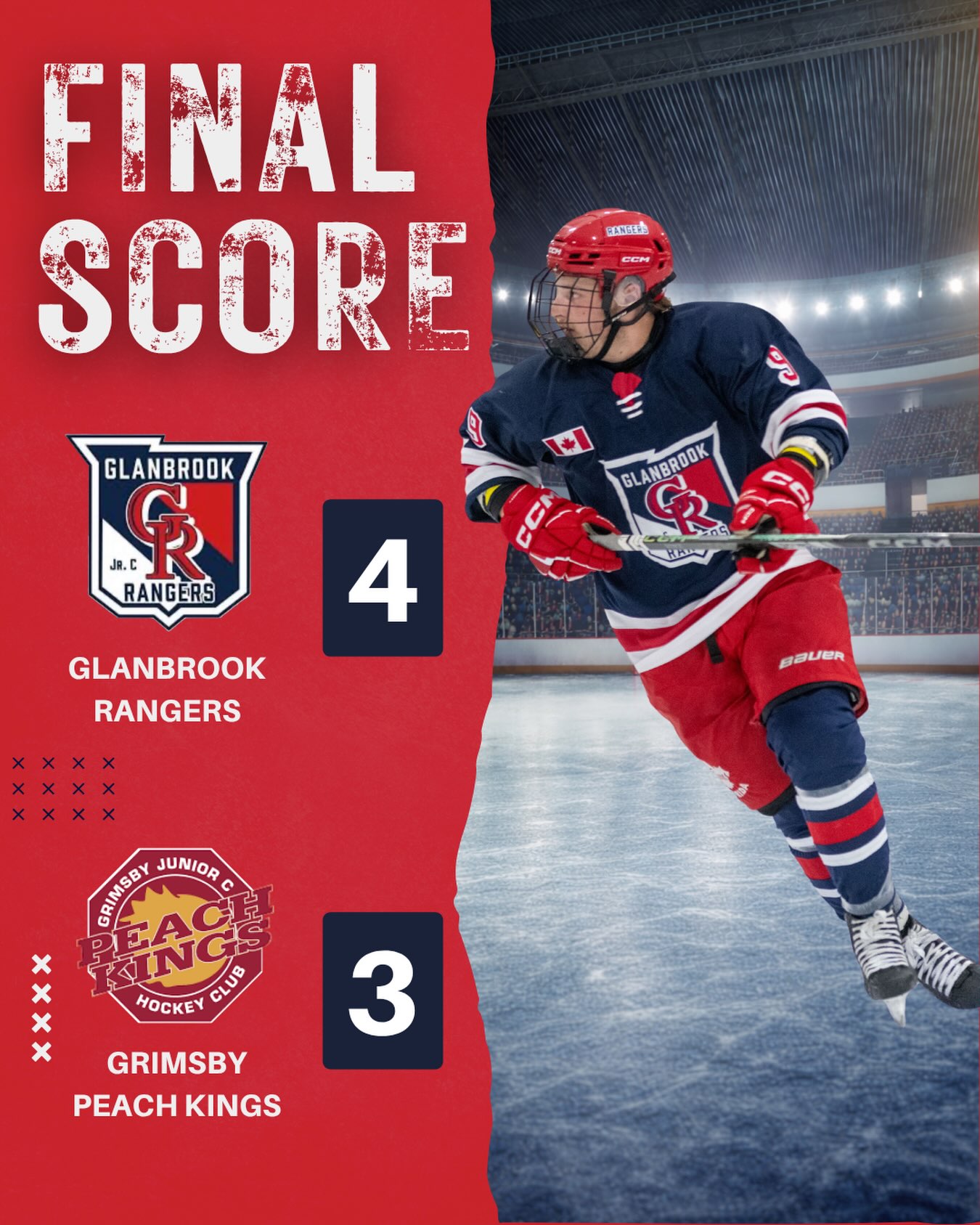 The Rangers battled it out with the Grimsby Peach Kings last night and came away with a 4–3 OT victory! Tyler Grbavac sealed the deal in overtime to keep the wins rolling. 

GOAL SCORERS
@sammy.cino 
@_connor.carte_ 
@levi.snider13 

OT WINNER
@grabber.9 

We’re back home Saturday looking to keep the momentum going against the Streetsville Derbys!

📍 Glanbrook Arena
🗓️ Saturday
⏰ 5:00 PM

Pack the barn and let’s keep it rolling, Glanny!