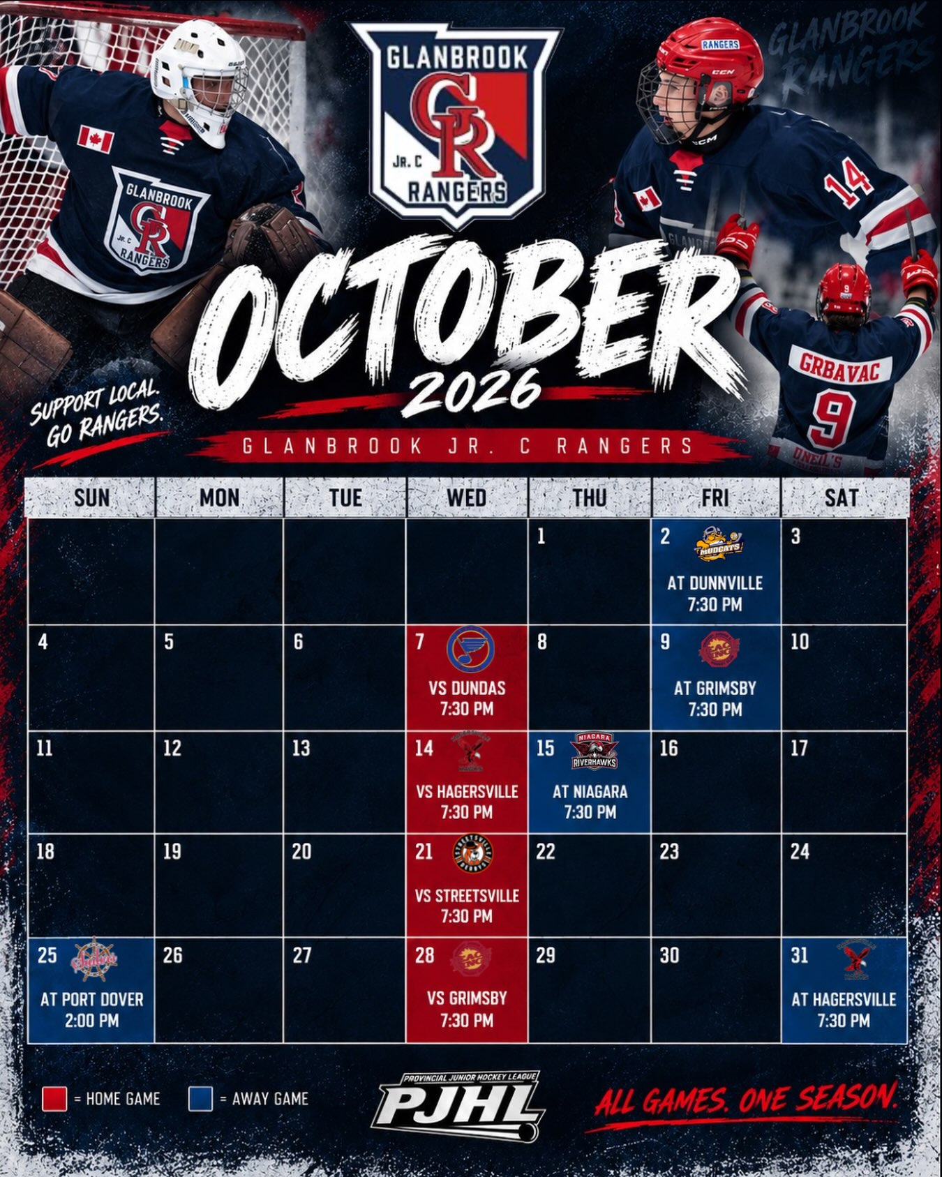 October is here. A busy month ahead for the Rangers with 8 games on the schedule, including four at home.

Home ice. Road trips. Rival matchups. Time to get to work.

🔴 Home
🔵 Away

See you at the rink, Rangers fans!