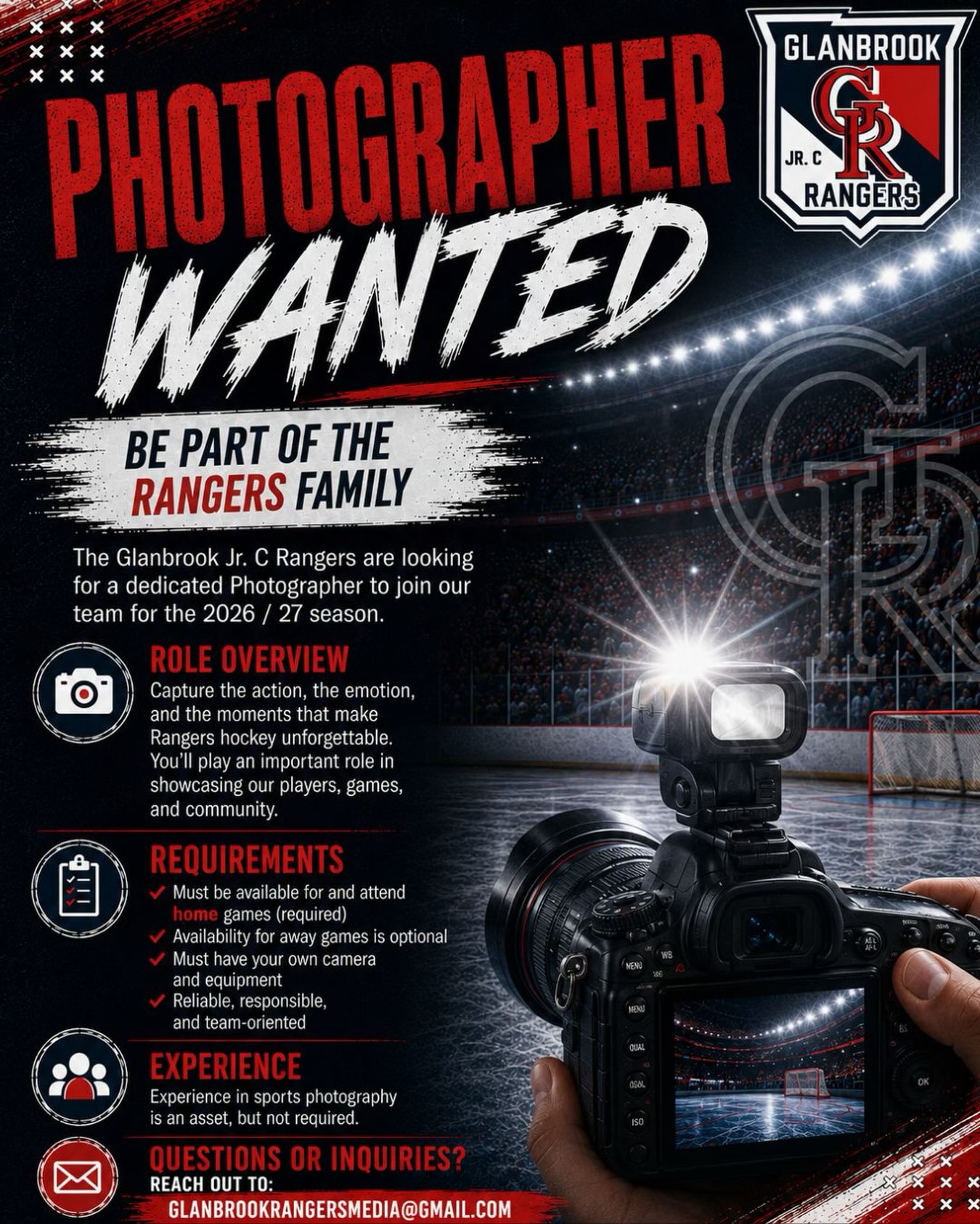 We’re looking for a Photographer to join the Rangers family for the 2026/27 season!

Interested? Contact glanbrookrangersmedia@gmail.com or DM us for more information.