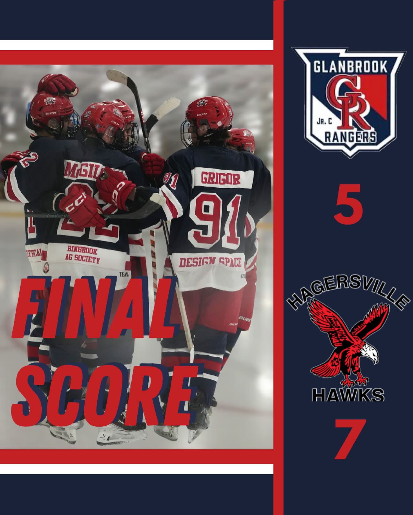Tough one last night as the Rangers fall 7–5 to the Hagersville Hawks.

Proud of the response and the battle all week long. We wrap up a busy stretch at 4-1-0. We’ll be back at it when playoffs start this week!! 

GO RANGERS!!!
