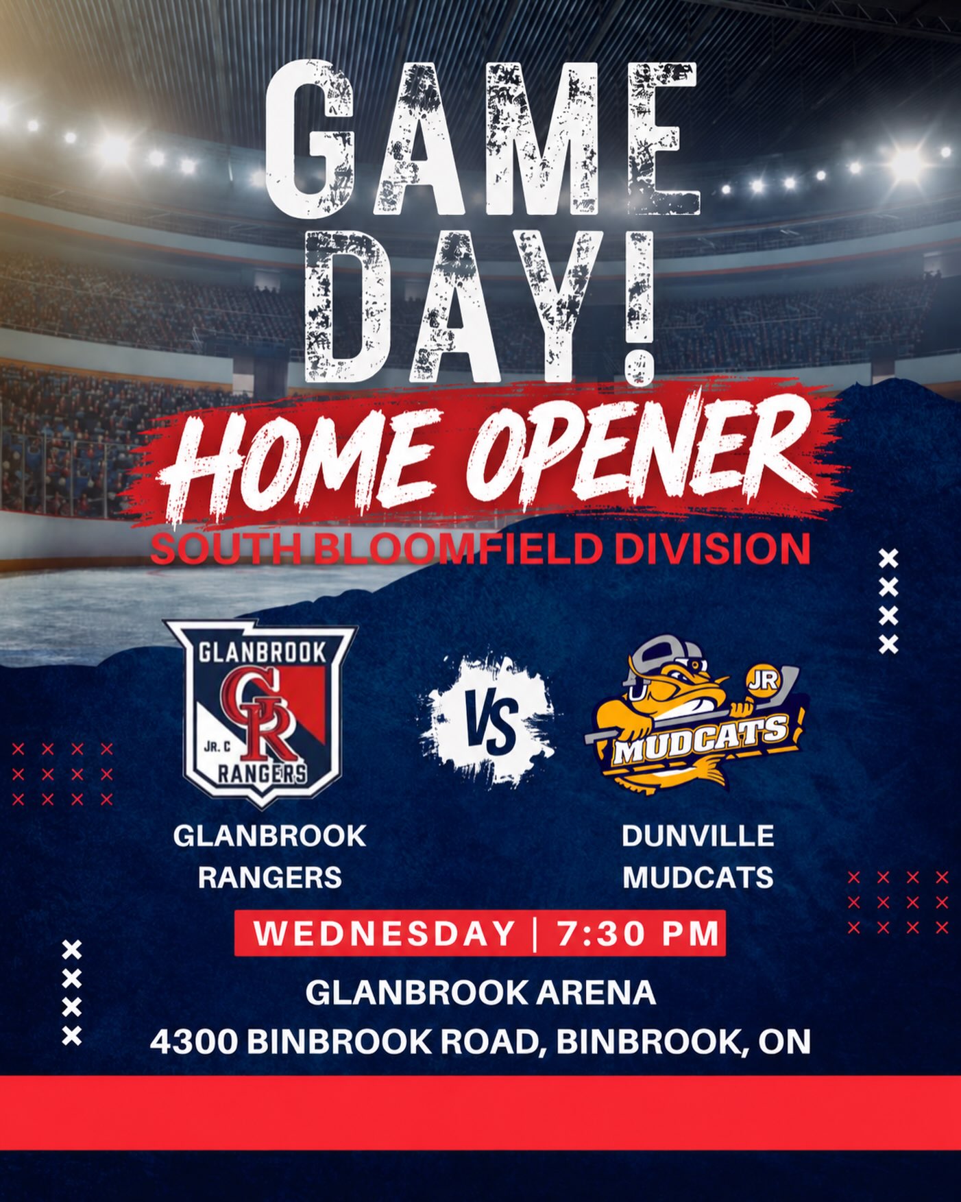 The Glanbrook Rangers are back on home ice tonight as we welcome the Dunnville Mudcats to Glanbrook Arena for our 2026-27 Home Opener!

Come out, pack the rink, and help us kick off the season at home with a loud Glanny crowd!

📍 Glanbrook Arena
⏰ Puck drop: 7:30 PM
🆚 Dunnville Mudcats

See you at the rink! #gorangersgo #glanbrook #homeopener #pjhl