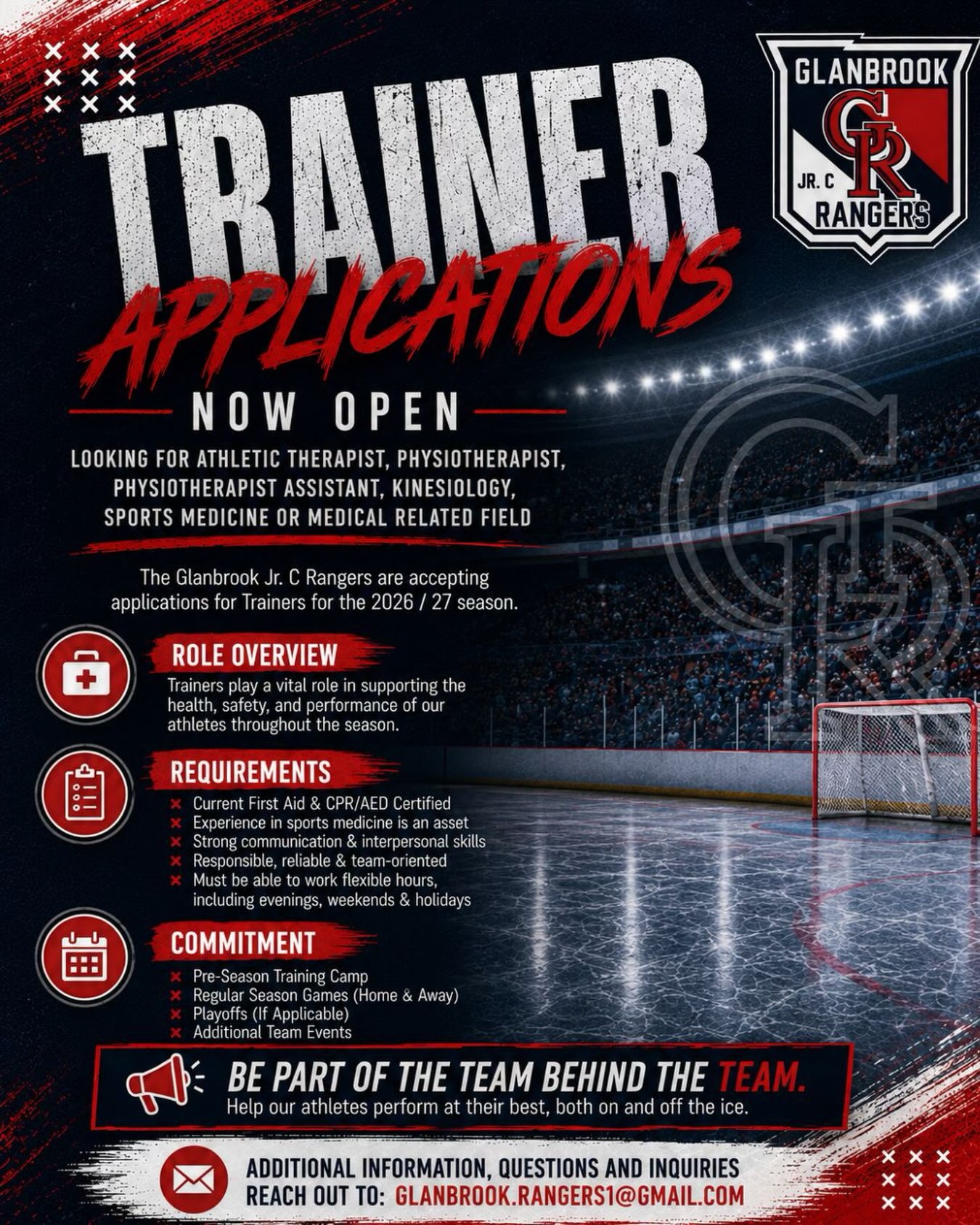 The Glanbrook Jr. C Rangers are looking for a Trainer to join us for the 2026/27 season!

For more information or to inquire, contact glanbrook.rangers1@gmail.com