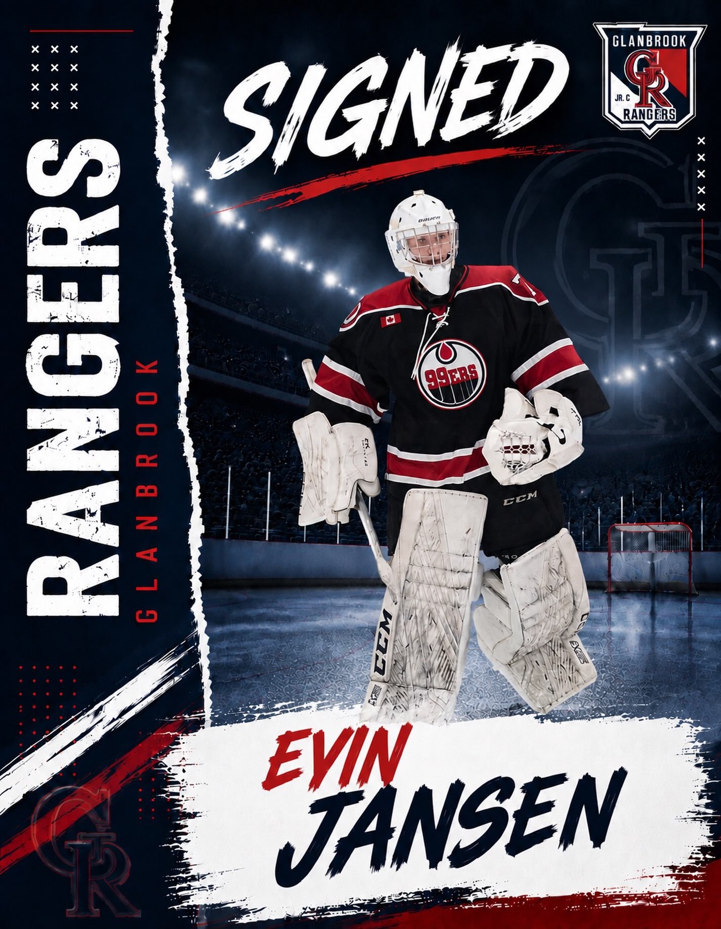 The Glanbrook Rangers are excited to announce the signing of hometown goaltender Evin Jansen!

Standing at 6’3” and coming to the Rangers after playing U18 AA with the Glancaster Bombers, Jansen brings size, composure, and confidence between the pipes. His strong puck tracking, calm presence in the crease, and complete level of play make him an exciting addition to the Rangers lineup.

We’re excited to see Evin continue his development and represent his hometown as he makes the jump to junior hockey.

Welcome to the Glanny Family, Evin!