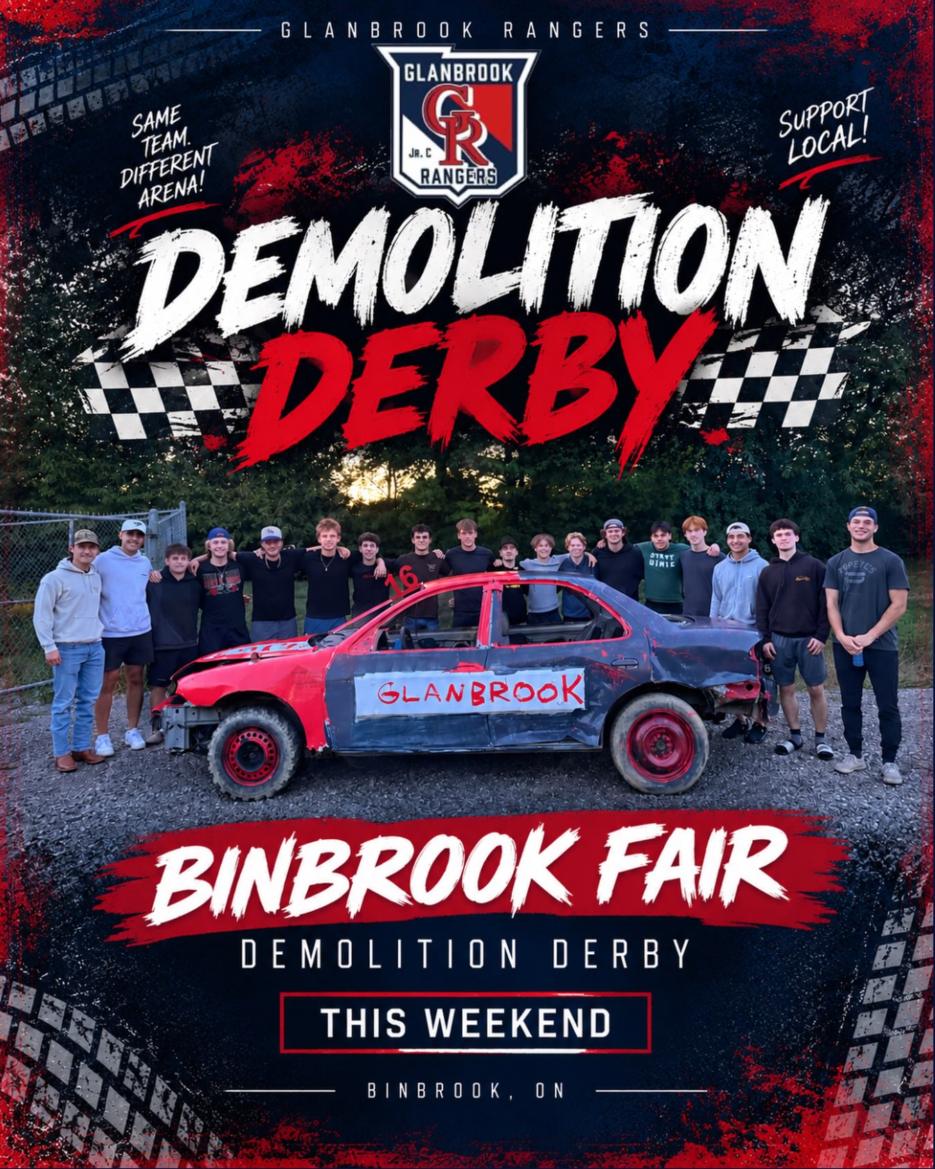 THE RANGERS ARE HEADING TO THE BINBROOK FAIR!

We’re trading the ice for the derby track this weekend! The boys have been hard at work painting and preparing our very own Glanbrook Rangers demolition derby car, and we can’t wait to see it in action at the Binbrook Fair!

But that’s not the only place you’ll find the Rangers! Keep an eye out for the boys volunteering around the fair all weekend long and giving back to the community that supports us all season.

If you spot a Ranger, make sure you stop by, say hi, grab a photo, or even ask for an autograph! We’d love to see you!

Same team. Different arena. See you at the Binbrook Fair! #community #glanbrook #binbrookfair #derby