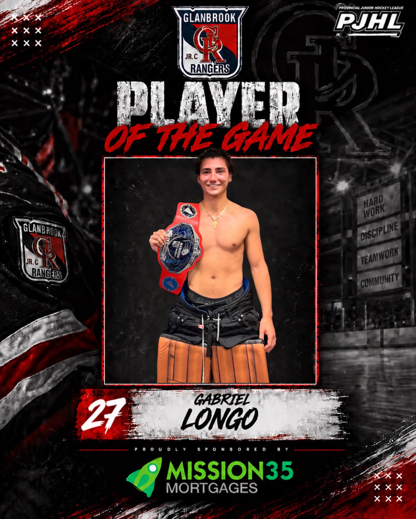RANGERS PLAYER OF THE GAME! 

Gabriel Longo earns the belt after a big performance for the Rangers! Longo stepped up when it mattered and helped the boys secure the 2–1 win over Dundas.

Congrats, Gabe! 

Proudly sponsored by Mission 35 Mortgages