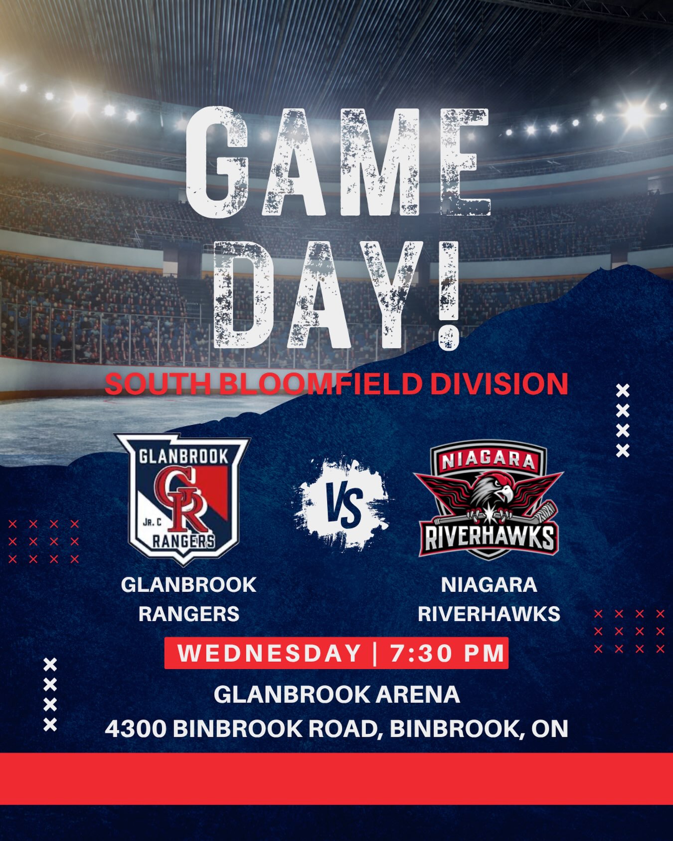 GAME DAY!! 

Looking to bounce back after a tough loss and get back in the win column tonight as we take on the Niagara Riverhawks at home.

7:30 PM | Glanbrook Arena

Come out and support the boys as we battle for two points on home ice!